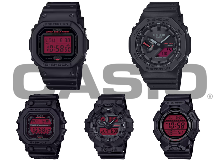 Nella foto, in senso orario dall'alto a sinistra: Casio DW-5600BBR-1, GA-B2100BBR-1A, GD-010BBR-1JF, GA-700BBR-1AJF e GX-56BBR-1A - l'intera linea originale di G-Shock 