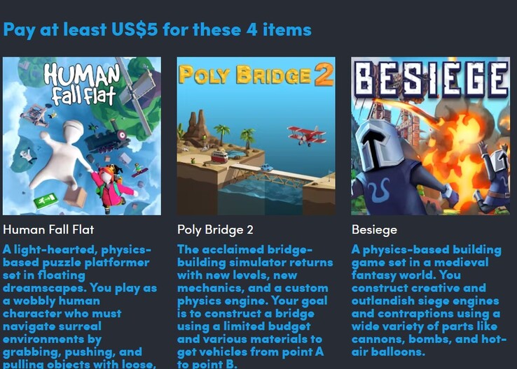 Poster e descrizioni dei giochi. Pagando 5 dollari si ottengono 4 dei 9 giochi (Fonte: Humble Bundle)