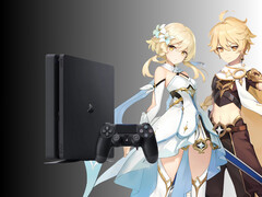 I personaggi di Genshin Impact raffigurati accanto alla PS4 (Fonte: Cognosphere, Sony PlayStation con modifiche)