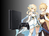 I personaggi di Genshin Impact raffigurati accanto alla PS4 (Fonte: Cognosphere, Sony PlayStation con modifiche)