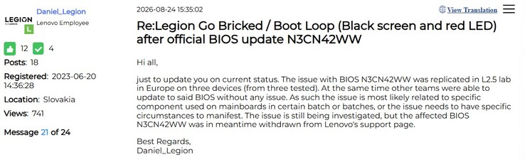 Aggiornamento sui problemi relativi al BIOS di Legion Go.