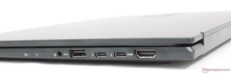 A destra: cuffie da 3,5 mm, USB-A 3.2 Gen. 1, 2x USB-C con Thunderbolt 4 + DisplayPort + Power Delivery, HDMI 2.0b