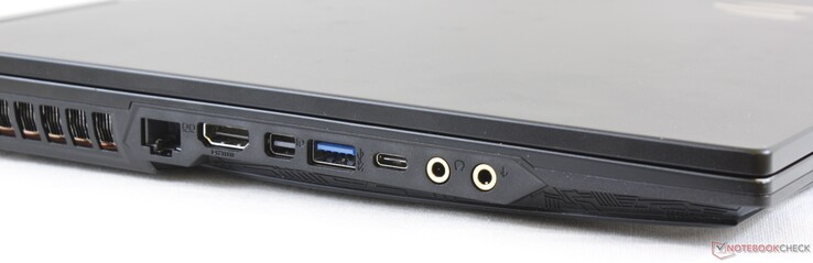 A sinistra: Gigabit RJ-45, HDMI 2.0, mini-Displayport 1.2, USB 3.1 Gen. 2, USB 3.1 Gen.2 Type-C, jack cuffie da 3.5 mm, 3.5 mm SPDIF (ESS Sabre HiFi)