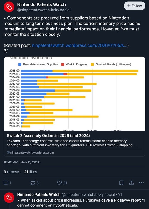 Il post di Nintendo Patents Watch sull'intervista a Shuntaro Furukawa (fonte immagine: screenshot, account Nintendo Patents Watch Bluesky)