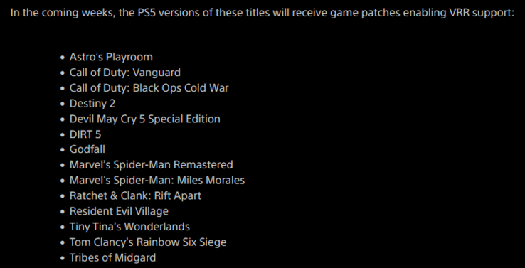 Elenco dei titoli PS5 che avranno inizialmente il supporto VRR (immagine via Sony)