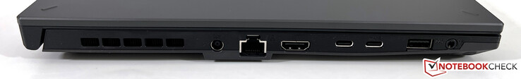 a sinistra: alimentazione, ethernet, HDMI 2.1 FRL, USB-C 4.0 (40 GBit/s, DisplayPort, Power Delivery), USB-C 3.2 Gen.2 (10 GBit/s, Power Delivery, DisplayPort, G-Sync), USB-A 3.2 Gen.1 (5 GBit/s), jack per cuffie da 3.5
