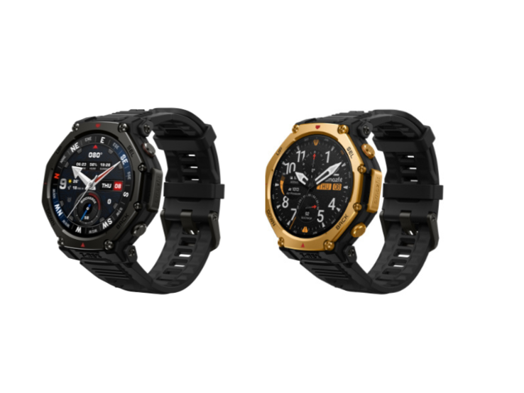 Gli smarwatch Amazfit T-Rex 3 Pro 48 mm nei colori Tactical Black (a sinistra) e Black Gold (a destra). (Fonte: Shopee)