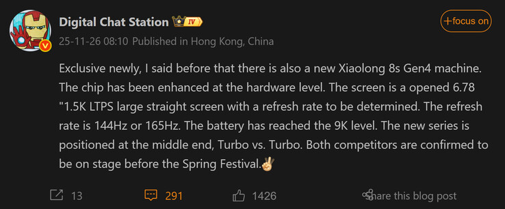 Digital Chat Station condivide ulteriori informazioni sul telefono Snapdragons 8s Gen 4 di OnePlus (Fonte immagine: Weibo - tradotto a macchina)