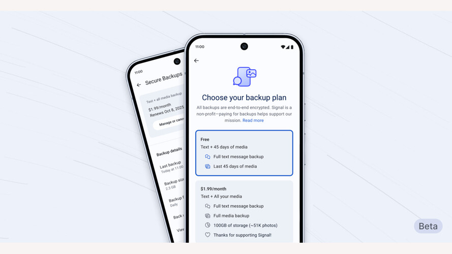 La funzione di backup sicuro di Signal mostrata sull'app Android beta, offre backup criptati di messaggi e media con piani gratuiti e a pagamento. (Fonte immagine: Signal)