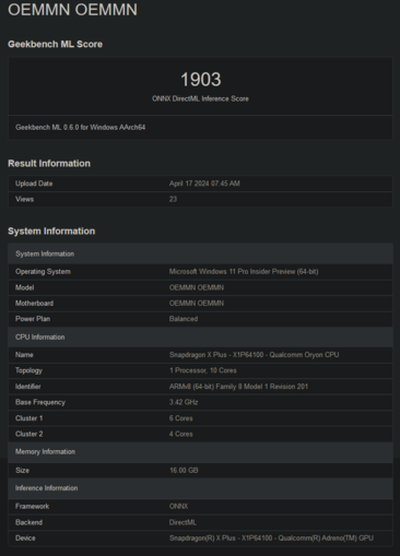 Punteggi Geekbench di Snapdragon X Plus X1P64100 (immagine via Geekbench)