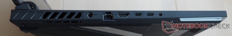 Lato sinistro: Alimentazione, RJ45-LAN, HDMI 2.1, Thunderbolt 4 (inclusa DisplayPort), USB-C 3.2 Gen2 (inclusa DisplayPort, Power Delivery, G-Sync), jack audio combinato da 3,5 mm.
