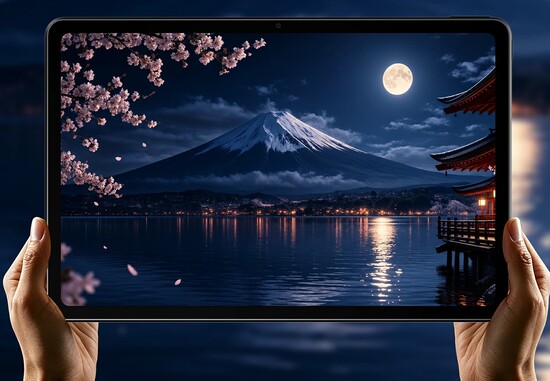 Mani tengono un tablet che mostra una vista notturna