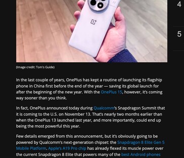 Tom's Guide aveva inizialmente riportato un'uscita negli Stati Uniti il 13 novembre per il OnePlus 15, ma la menzione è stata poi rimossa dall'articolo. (Fonte: Tom's Guide)