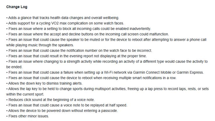 Le note di rilascio della versione beta 15.07 per gli smartwatch Forerunner 570 e Forerunner 970. (Fonte: Garmin)