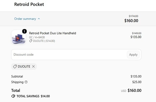 Il codice promozionale consente di ottenere uno sconto di 14 dollari sul prezzo del Retroid Pocket Duo Lite.