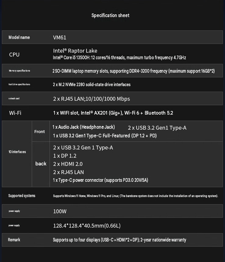 Specifiche complete del mini PC (traduzione automatica)