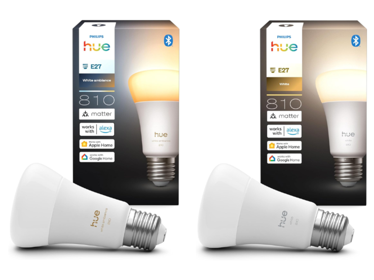 Le lampadine intelligenti Philips Hue A60 E27 White ambiance (sinistra) e White (destra) 810. (Fonte: Philips Hue)