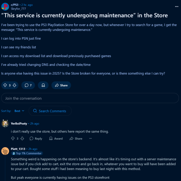 Post di Reddit sul fermo del PlayStation Store PS3 (Fonte immagine: screenshot, subreddit PlayStation 3)