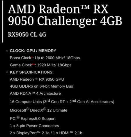Schermata della pagina delle specifiche tecniche dell’RX 9050 Challenger da 4 GB