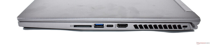Lato destro: Lettore di schede SD, USB A 3.2, Thunderbolt 4, HDMI 2.1, Kensington