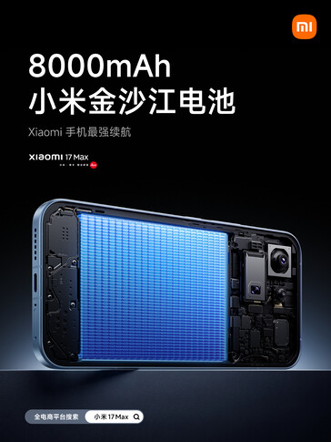 Lo Xiaomi 17 Max è dotato di una batteria da 8.000 mAh.