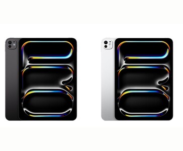 Vista frontale dell'iPad Pro in nero spaziale e argento, che mostra le cornici simmetriche e il display Ultra Retina XDR (Fonte immagine: Apple)