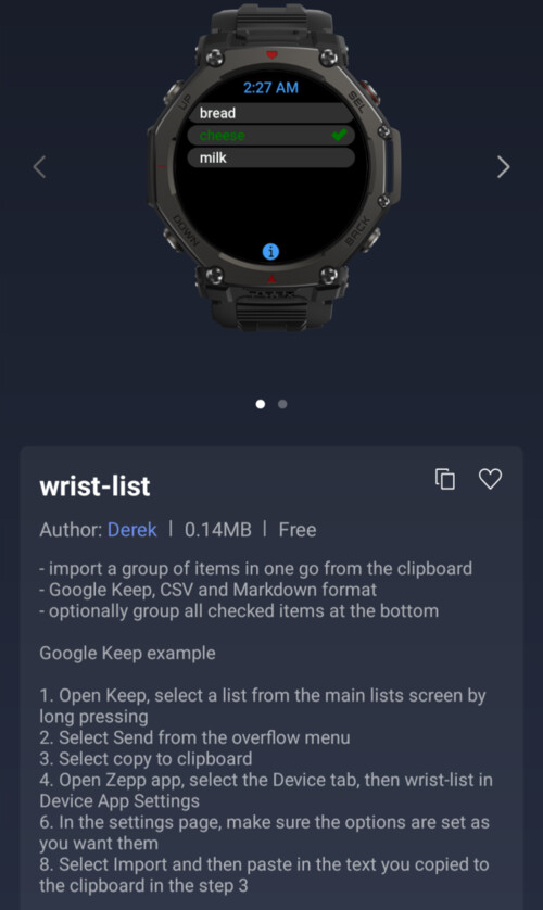 L'applicazione Mini wrist-list per gli smartwatch Amazfit
