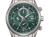 Orologio Citizen World Chronograph A.T. AT8260-85X con quadrante verde, cassa e bracciale in acciaio inossidabile, tre contatori e scala dell’ora mondiale.