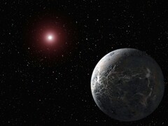 Illustrazione di un artista raffigurante un pianeta e una stella rossa.