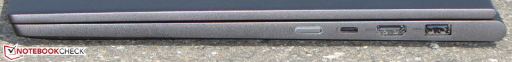 Lato destro: pulsante di accensione, porta Thunderbolt 3, uscita HDMI, porta USB 3.1 Gen 1 (Type-A)
