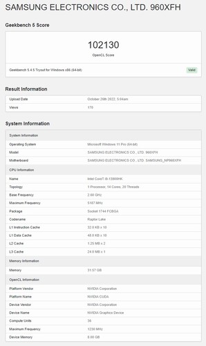 Il presunto Samsung Galaxy Book 3 Ultra con Core i9-13900HK e RTX 4070 in Geekbench OpenCL. (Fonte: Geekbench)