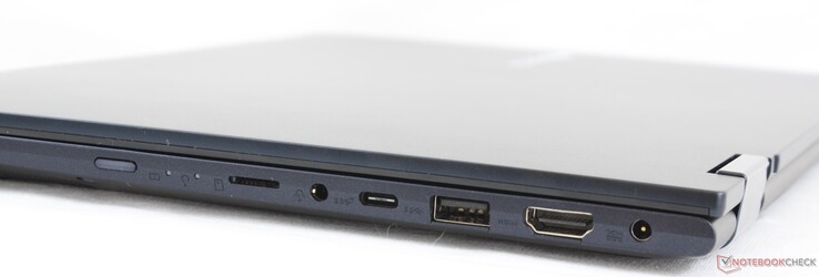 A destra: Pulsante di accensione, lettore MicroSD, audio combo da 3,5 mm, USB 3.2 Gen. 2 Tipo-C, USB 3.2 Gen. 2 Tipo-A, HDMI, alimentazione