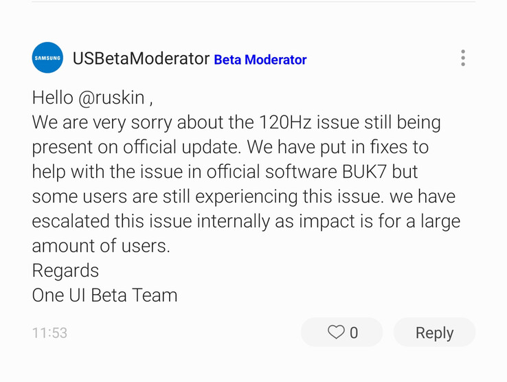 Un moderatore del forum di Samsung ha risposto al reclamo di un utente della serie S21 sul bug di One UI 4 120Hz. (Fonte: SamMobile)