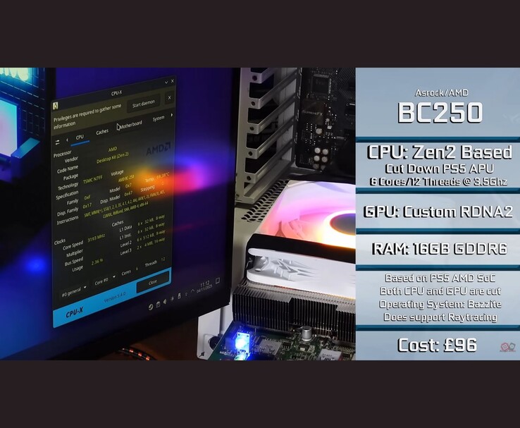 AMD BC250 in esecuzione in una configurazione desktop, che mostra le specifiche del sistema. (Fonte immagine: Budget-Builds Official via YouTube)