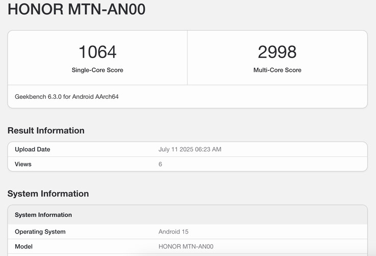 L'elenco di Geekbench 6 per Honor X70 rivela un potenziale di prestazioni non sorprendente. (Fonte: Geekbench)