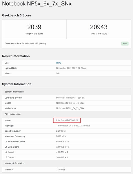 Intel Core i9-13900HX. (Fonte: Geekbench)