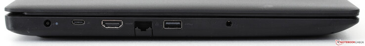 Lato sinistro: alimentazione, USB 3.1 tipo C, HDMI 1.4, Ethernet (flip-down), USB 3.0, Cuffie/Microfono
