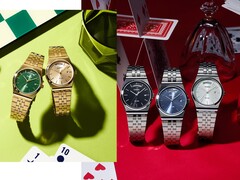 Immagine promozionale che mostra la collezione MTP-B146 di Casio, comprendente orologi in acciaio inossidabile color argento e oro con quadranti neri, azzurri, verdi e color champagne, ciascuno dotato di un indicatore del giorno curvo nella posizione delle ore 12.