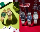 Immagine promozionale che mostra la collezione MTP-B146 di Casio, comprendente orologi in acciaio inossidabile color argento e oro con quadranti neri, azzurri, verdi e color champagne, ciascuno dotato di un indicatore del giorno curvo nella posizione delle ore 12.