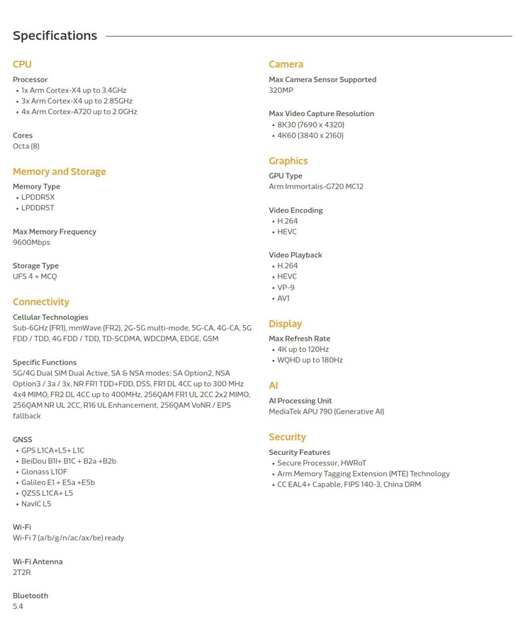 Specifiche di MediaTek Dimensity 9300+ (immagine via MediaTek)