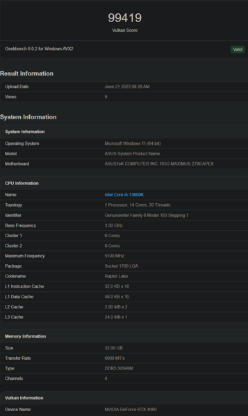 Nvidia GeForce RTX 4060 prestazioni Vulkan (immagine da Geekbench)