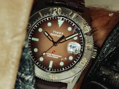 Orologio subacqueo Huckberry x Timex Deepwater Reef 200 con quadrante marrone, cassa in acciaio inossidabile, lunetta nera e cinturino marrone abbinato.
