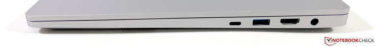 Lato destro: USB-C 4.0 con Thunderbolt 4 (40 Gbps, modalità DisplayPort-ALT 1.4, Power Delivery), USB 3.2 Gen.1 (5 Gbps), HDMI 2.1 (compatibile con G-Sync), alimentazione