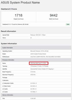 Intel Core i7-11700. (Fonte Immagine: Geekbench)