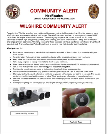 La polizia di Los Angeles sta mettendo in guardia i proprietari di case dai ladri che utilizzano i disturbatori Wi-Fi per aggirare facilmente i sistemi di sicurezza domestici. (Fonte: Polizia di Los Angeles su X)