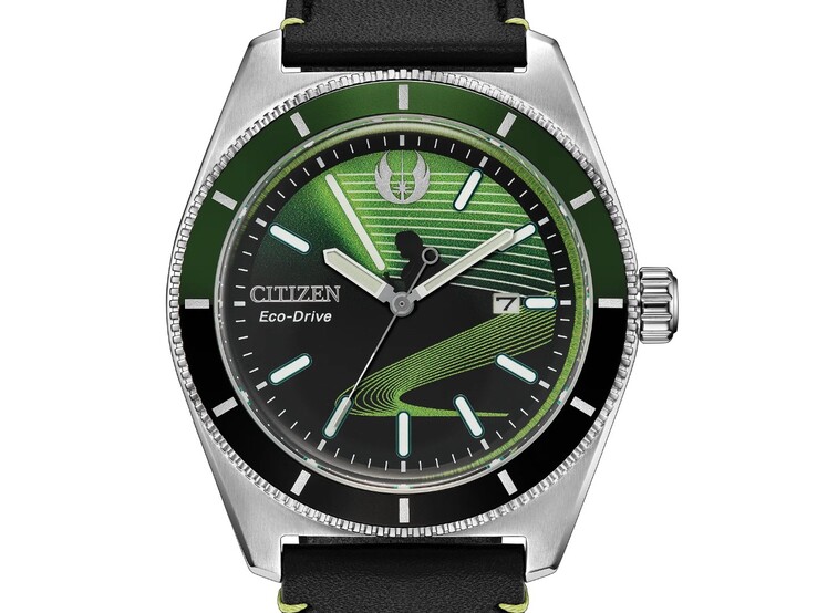 L'orologio Citizen Luke Skywalker, Jedi Master AW1910-48W, con quadrante nero e verde, la sagoma di Luke Skywalker e un design ispirato alla spada laser verde.