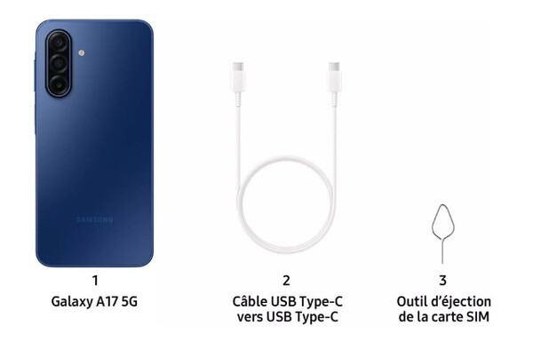 Il Galaxy A17 5G verrà fornito solo con un cavo USB-C e un estrattore SIM. (Fonte immagine: Samsung)
