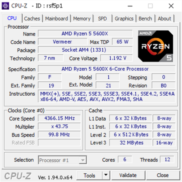 AMD Ryzen 5 5600X CPU-Z info. (Fonte: CPU-Z Validator)
