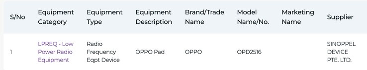Scheda IMDA relativa al tablet Oppo con numero di modello «OPD2516».