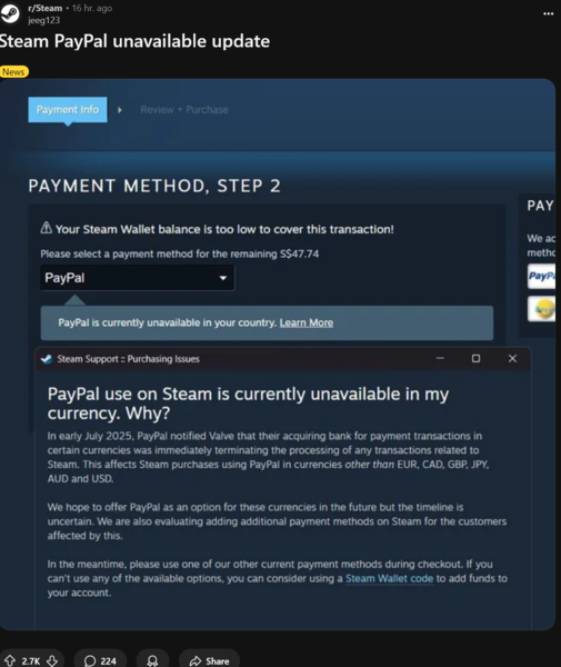 Messaggio dell'assistenza Steam sull'utilizzo di PayPal durante il checkout (Fonte immagine: screenshot, subreddit di Steam)